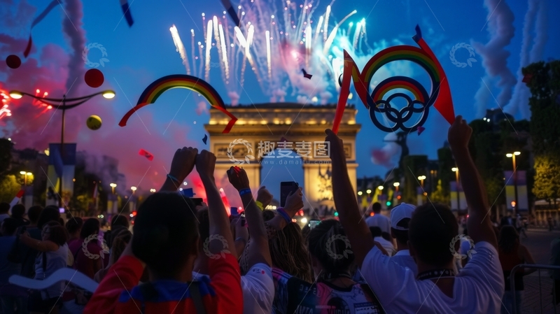 高清大图下载【趣麦麦图】庆祝时刻：人群在拱门前观赏烟花