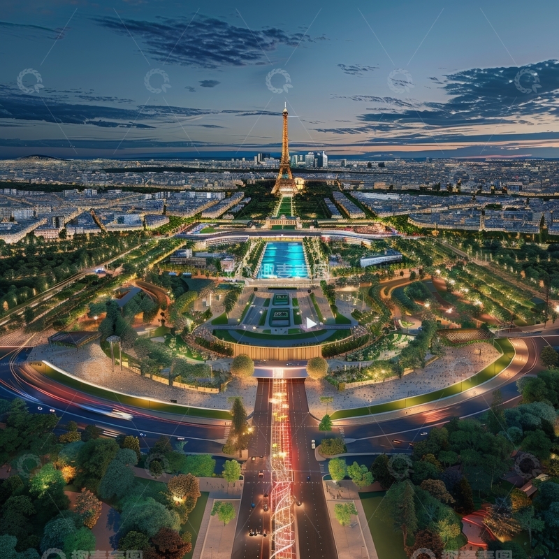 高清大图下载【趣麦麦图】城市夜景中的高塔与花园