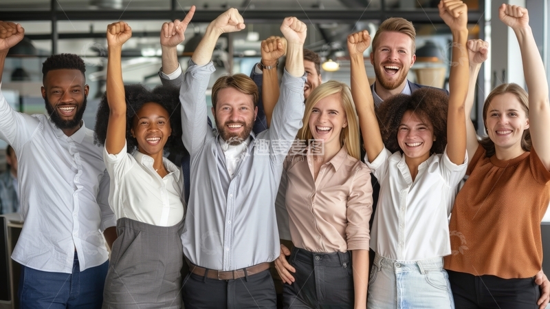 高清大图下载【趣麦麦图】团队成员举起双手庆祝成功