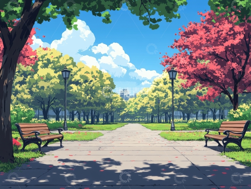 高清大图下载【趣麦麦图】春日公园小径与长椅