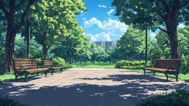 高清大图下载【趣麦麦图】公园长椅与绿树成荫的宁静场景