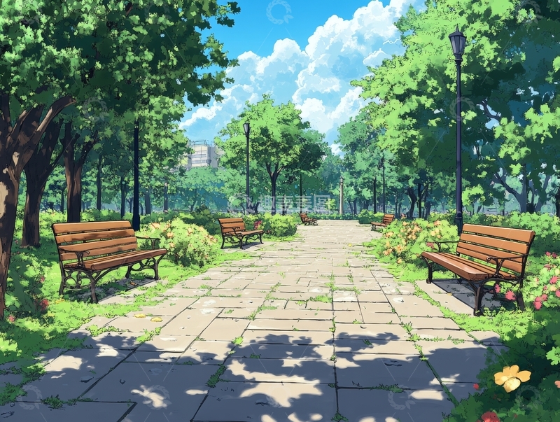 高清大图下载【趣麦麦图】宁静的公园小径与长椅