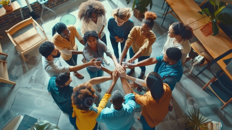 高清大图下载【趣麦麦图】团队成员围成一圈，手叠在一起