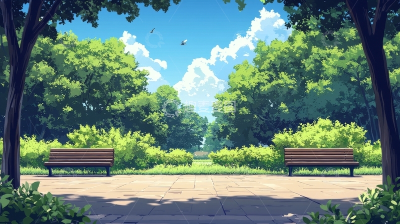 高清大图下载【趣麦麦图】公园长椅与绿树成荫的宁静场景