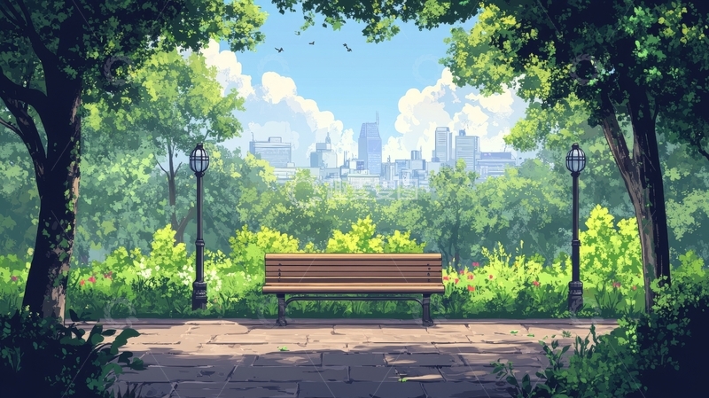 高清大图下载【趣麦麦图】公园长椅与城市远景