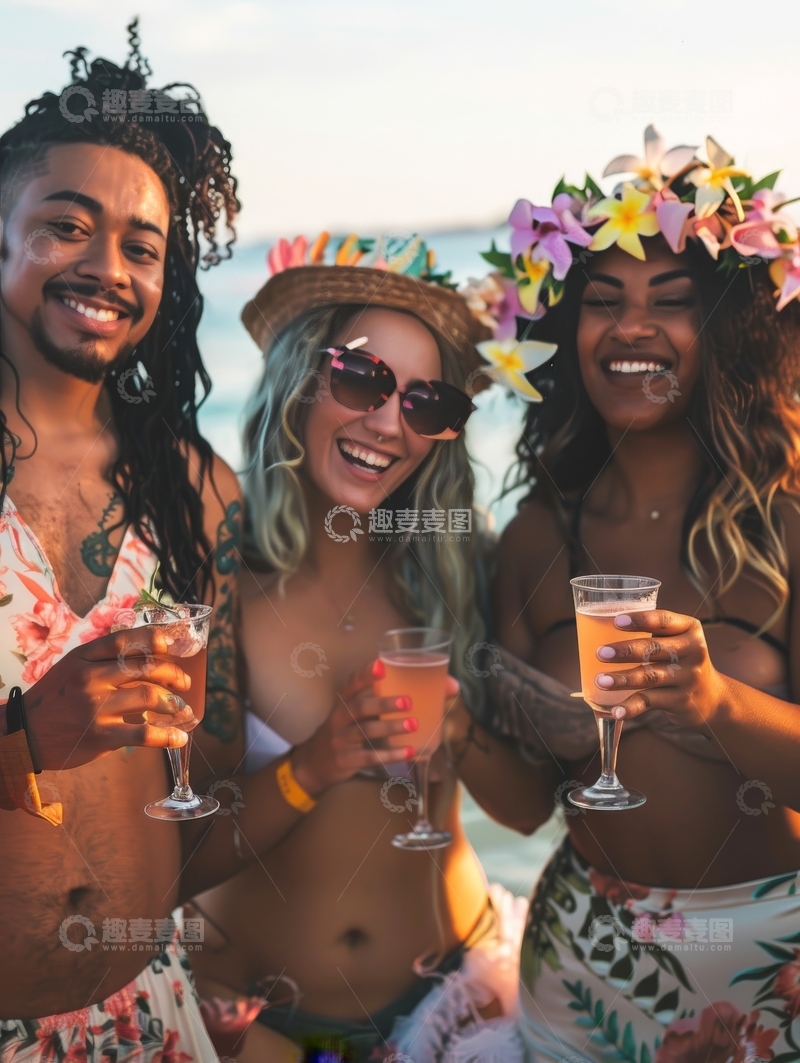 高清大图下载【趣麦麦图】海滩派对上的三人欢庆时刻