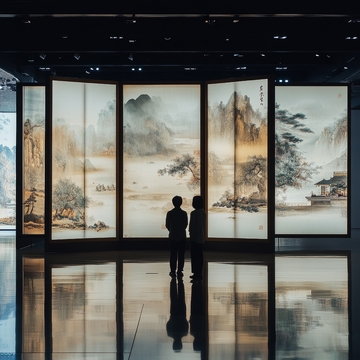 两人观赏传统山水画屏风