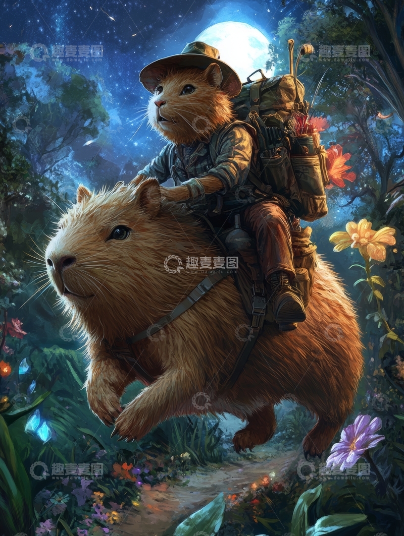 高清大图下载【趣麦麦图】冒险者骑乘水豚夜行奇幻森林