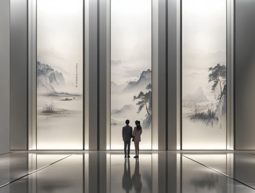 两人观赏山水画屏风