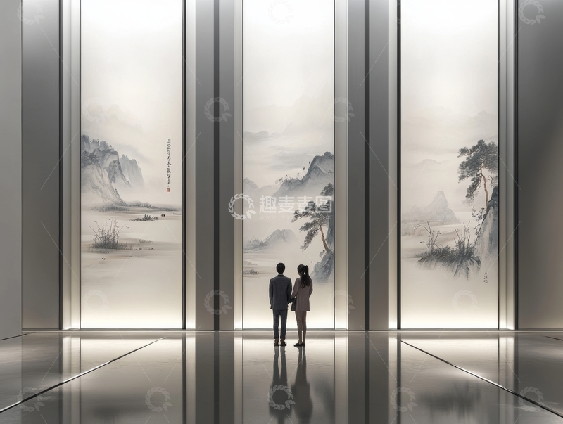 高清大图下载【趣麦麦图】两人观赏山水画屏风