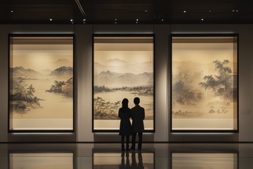 两人观赏三幅山水画作
