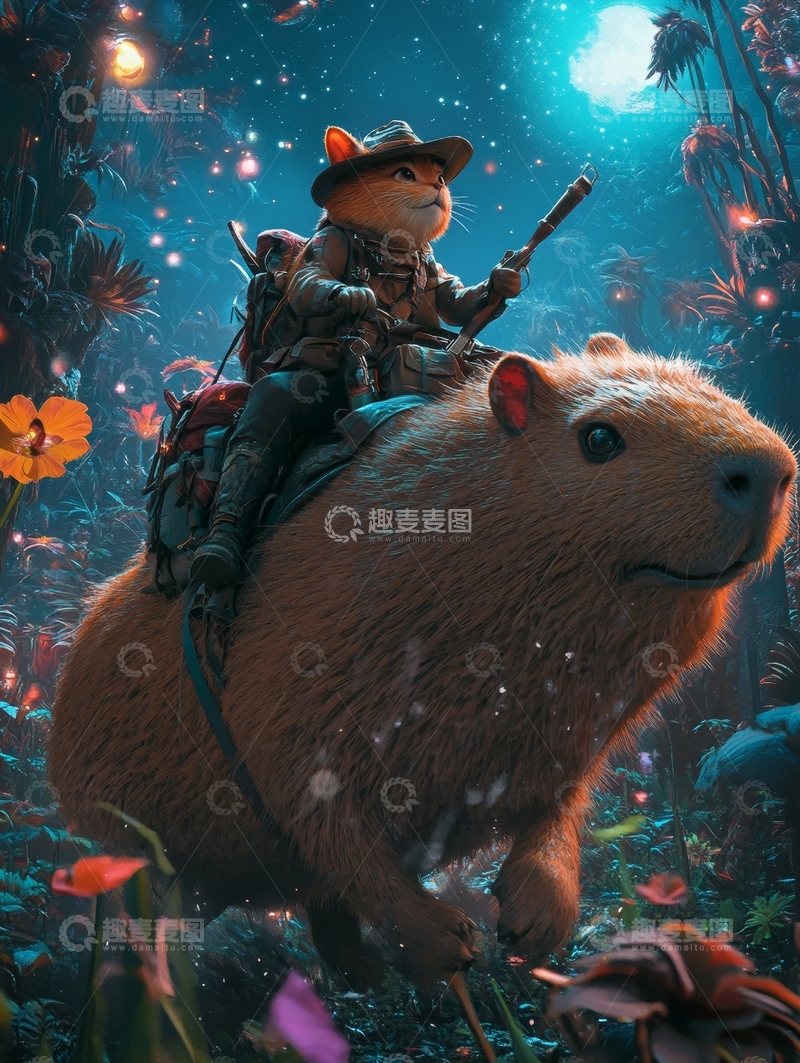 高清大图下载【趣麦麦图】骑乘巨鼠的冒险者在奇幻森林中