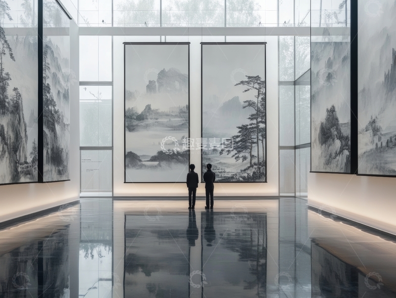 高清大图下载【趣麦麦图】现代展厅中的山水画与观赏者