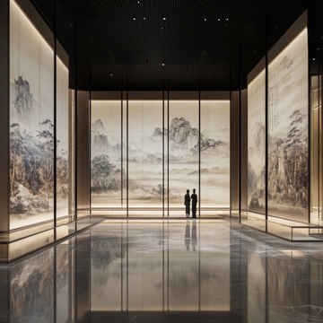 现代展厅内的山水画艺术展示