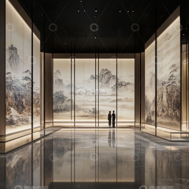高清大图下载【趣麦麦图】现代展厅内的山水画艺术展示