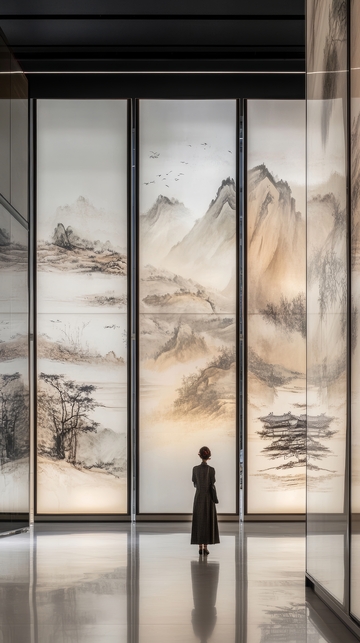 女子凝视山水画屏风