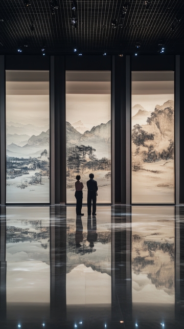 两人观赏传统山水画展