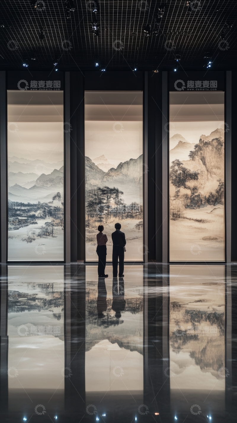 高清大图下载【趣麦麦图】两人观赏传统山水画展