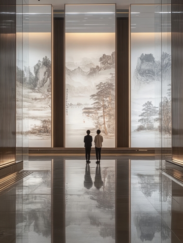 两人观赏山水画廊