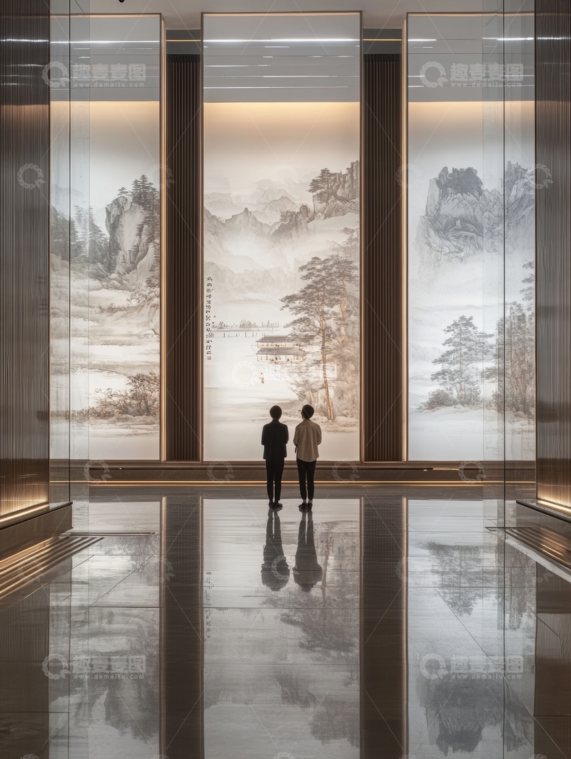 高清大图下载【趣麦麦图】两人观赏山水画廊