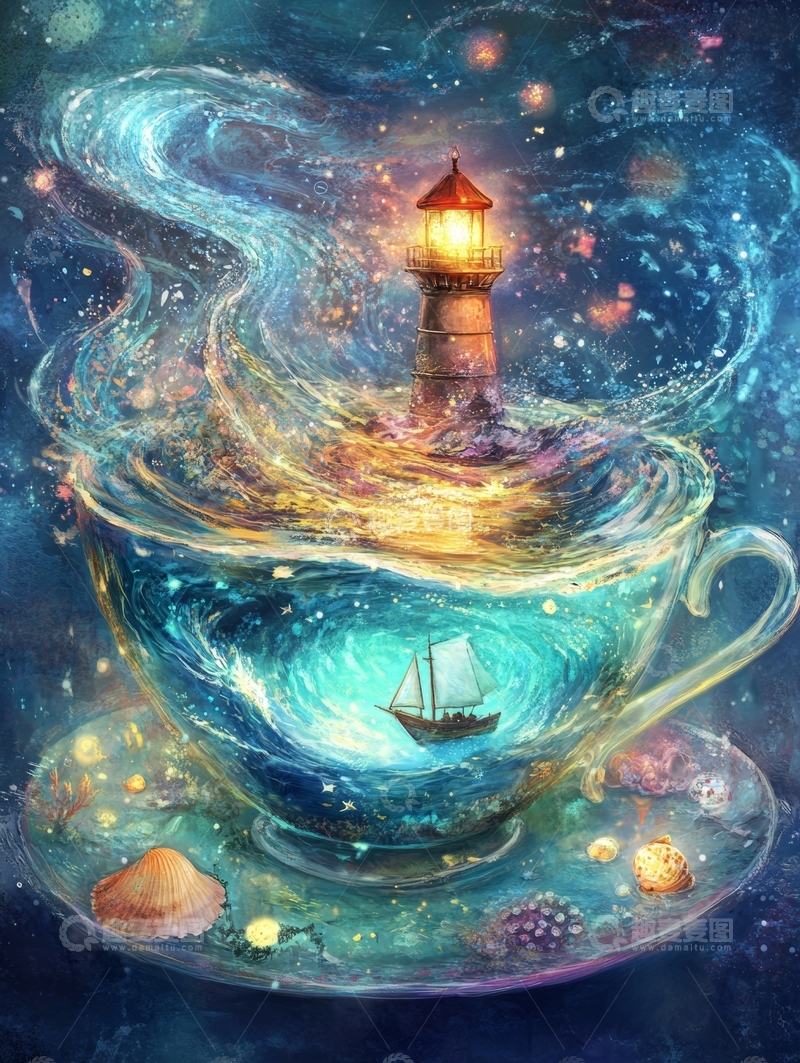 高清大图下载【趣麦麦图】茶杯中的奇幻灯塔与帆船
