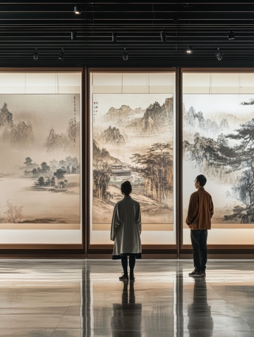 两人观赏传统山水画作