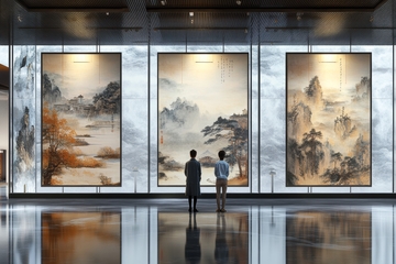 两人观赏三幅山水画作