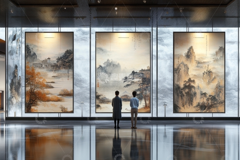 高清大图下载【趣麦麦图】两人观赏三幅山水画作