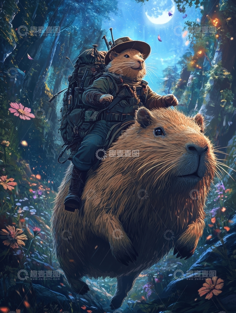 高清大图下载【趣麦麦图】冒险者骑乘巨型水豚穿越奇幻森林