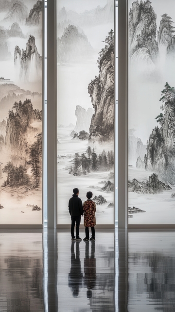 两人观赏大型山水画作
