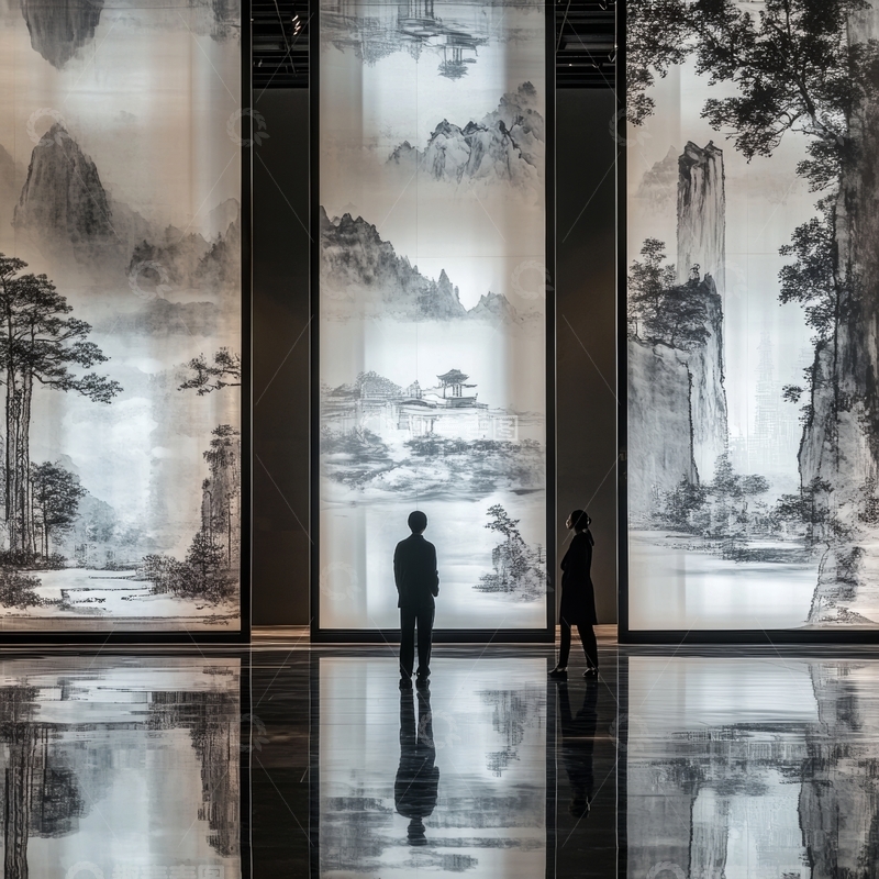 高清大图下载【趣麦麦图】两人在山水画前驻足观赏