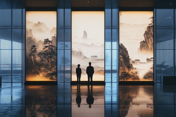 两人凝视山水画的现代展厅