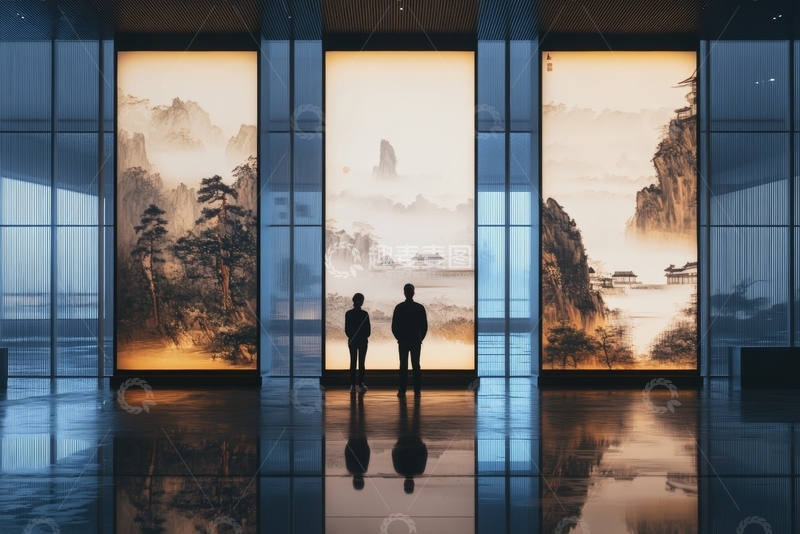 高清大图下载【趣麦麦图】两人凝视山水画的现代展厅
