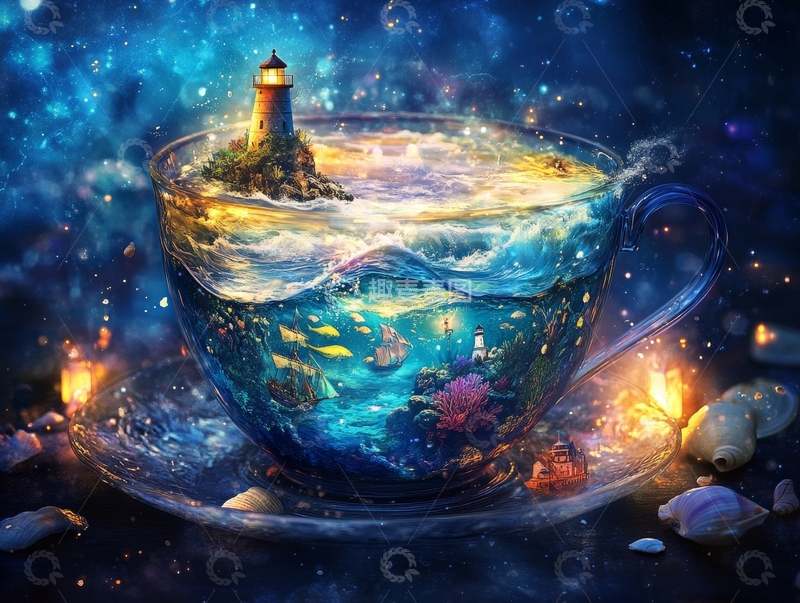 高清大图下载【趣麦麦图】梦幻茶杯中的海洋与灯塔
