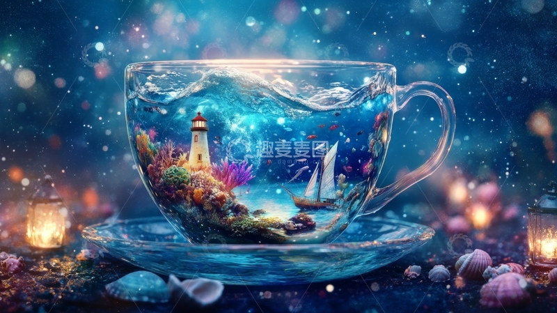高清大图下载【趣麦麦图】茶杯中的梦幻海洋世界