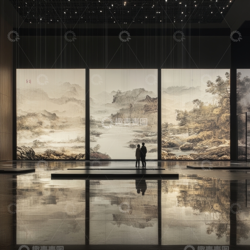 高清大图下载【趣麦麦图】两人观赏巨幅山水画作