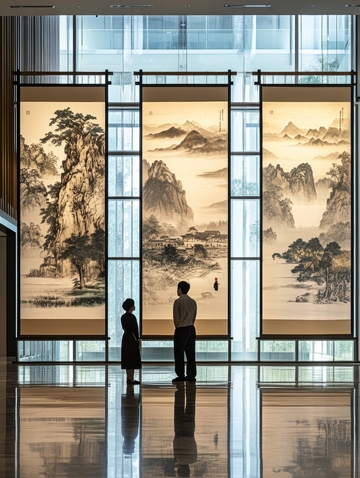 两人观赏传统山水画作