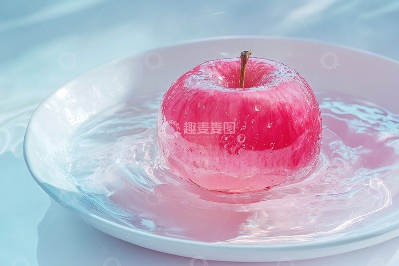 高清大图下载【趣麦麦图】冰冻粉红苹果置于水中玻璃盘