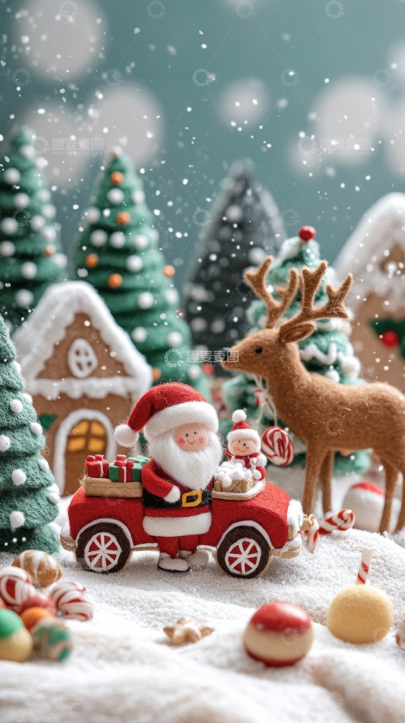 高清大图下载【趣麦麦图】圣诞老人驾车送礼，雪景温馨