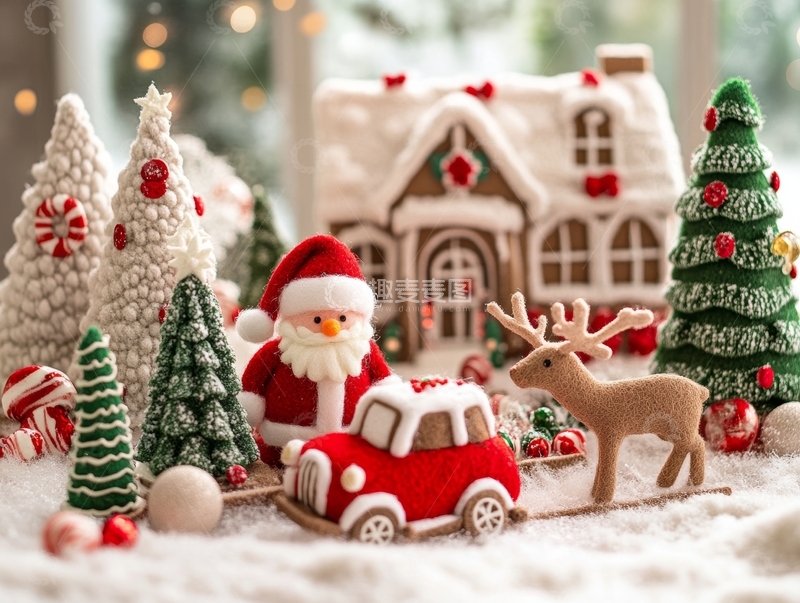 高清大图下载【趣麦麦图】圣诞场景：雪地中的小屋与圣诞老人