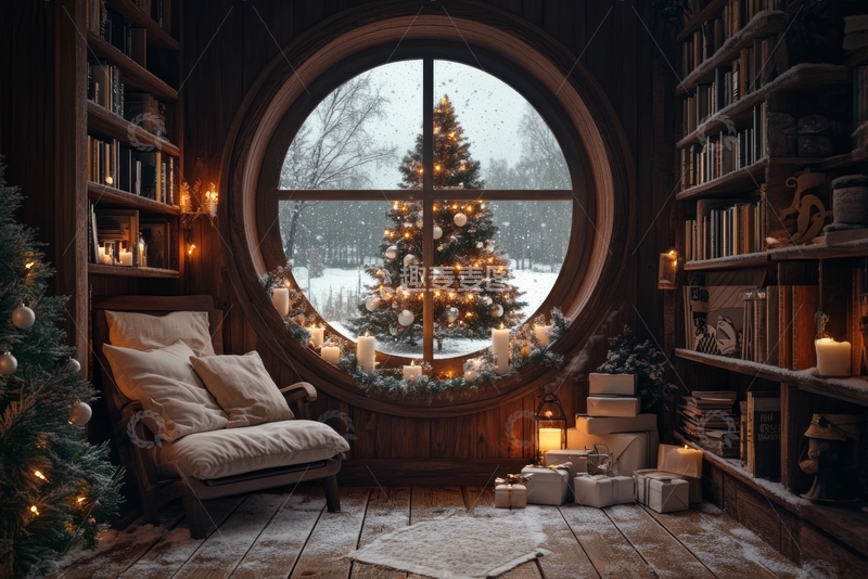 高清大图下载【趣麦麦图】温馨书房内的圣诞装饰