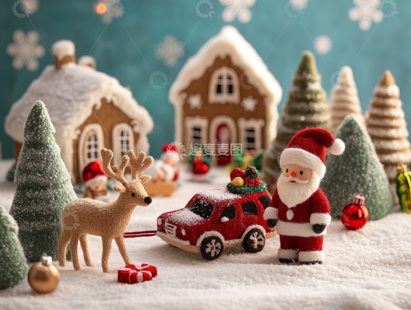 高清大图下载【趣麦麦图】圣诞老人与小鹿在雪景中的温馨场景