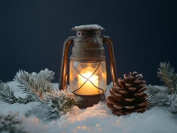 雪地中的复古灯笼与松枝