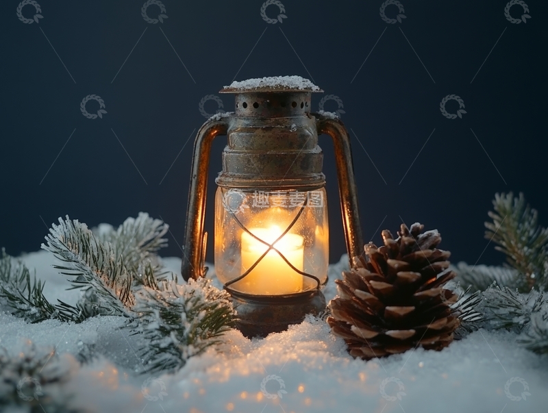 高清大图下载【趣麦麦图】雪地中的复古灯笼与松枝