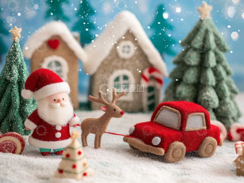 高清大图下载【趣麦麦图】圣诞老人与小鹿和红色汽车的雪景