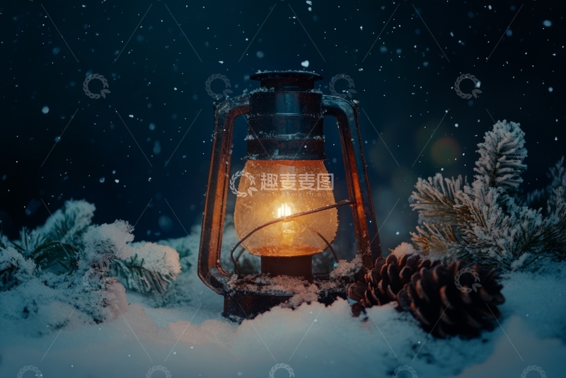高清大图下载【趣麦麦图】雪地中的温暖油灯