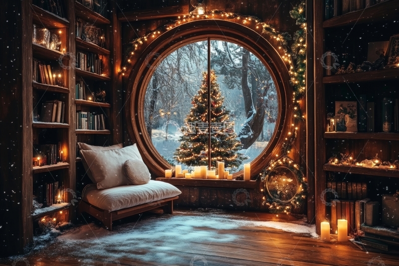 高清大图下载【趣麦麦图】温馨书房内的冬日雪景