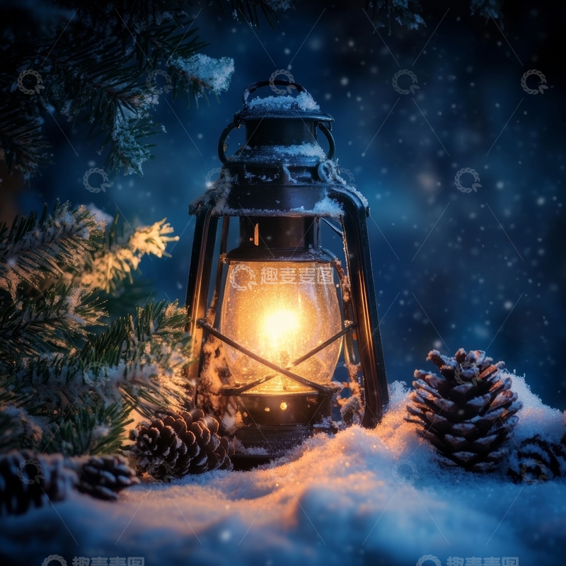 高清大图下载【趣麦麦图】雪地中的温暖灯笼