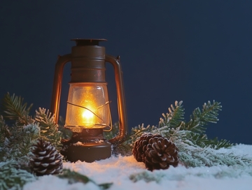 雪地松枝旁的温暖油灯