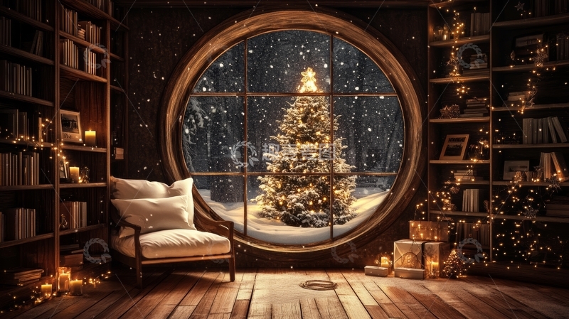 高清大图下载【趣麦麦图】温馨书房夜景，窗外雪中圣诞树